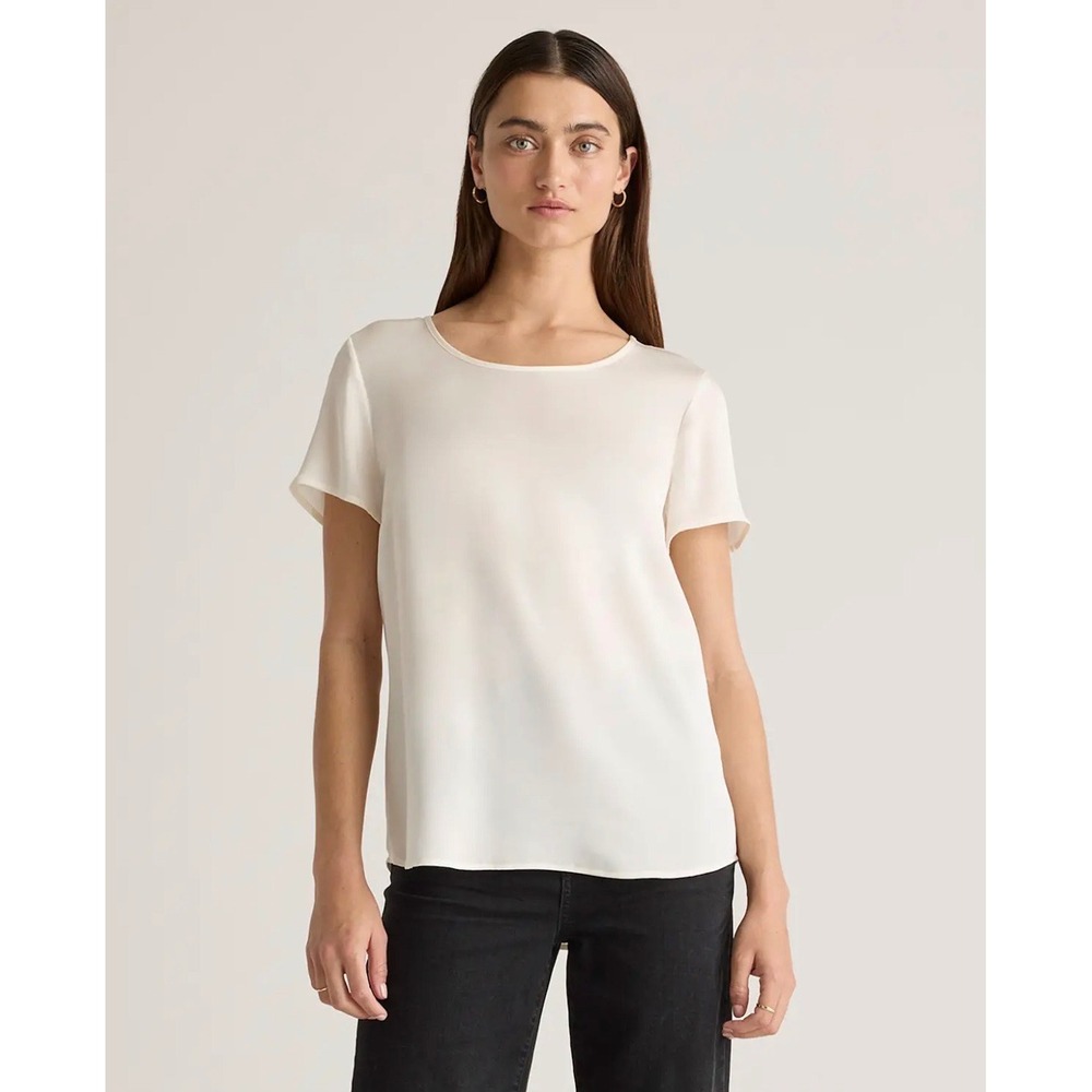 Quince Washable Stretch Silk Tee Ivory Sz Small